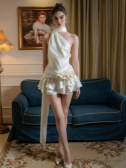 Satin 3D Floral Halter Mini Dress minidress-250223