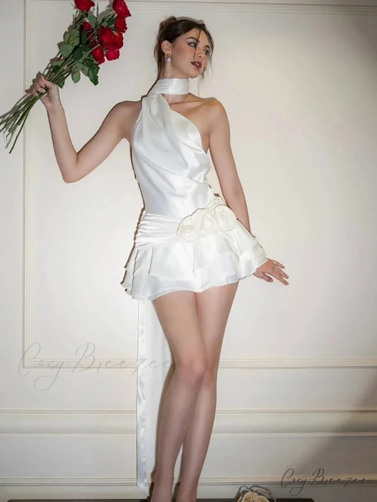 Satin 3D Floral Halter Mini Dress minidress-250223