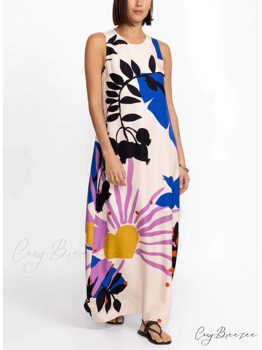 Satin Art Floral Charming Print Maxi Dress Cream / S