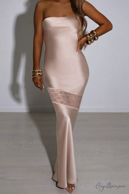 Satin Backless Lace Patchwork Strapless Dress Pink / L