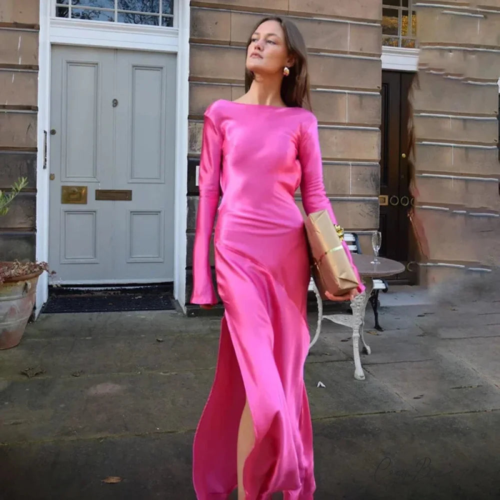 Satin Backless Maxi Dress Rose Red / S