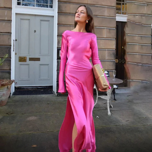 Satin Backless Maxi Dress Rose Red / S
