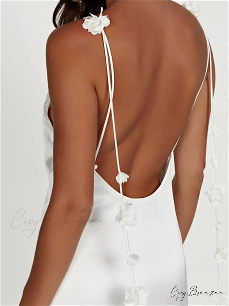 Satin Backless Spaghetti Strap for Women Sexy Backless 3D Flower Tassels Party Cocktail Y2K Vestidos