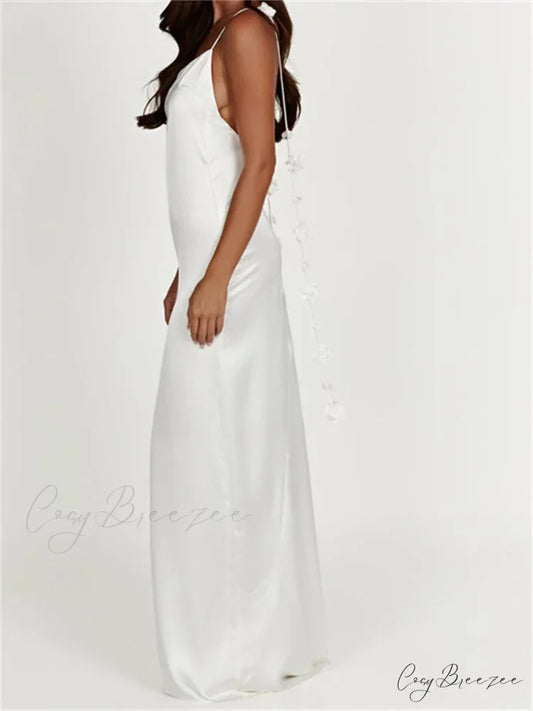 Satin Backless Spaghetti Strap for Women Sexy Backless 3D Flower Tassels Party Cocktail Y2K Vestidos