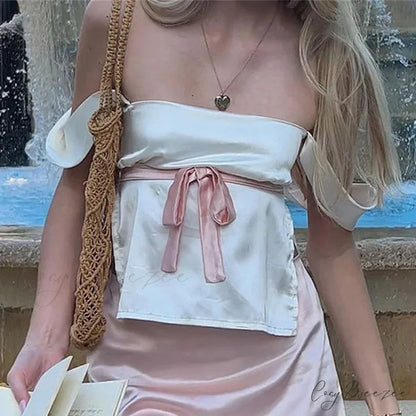 Satin Bow Tie Milkmaid Backless Crop Top croptop-250126