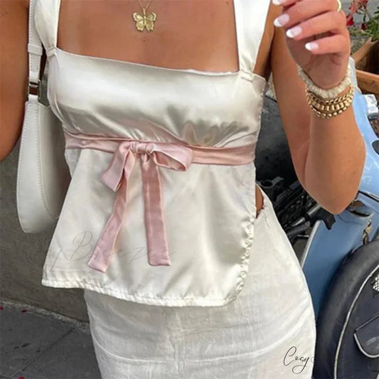 Satin Bow Tie Milkmaid Backless Crop Top pink / S croptop-250126