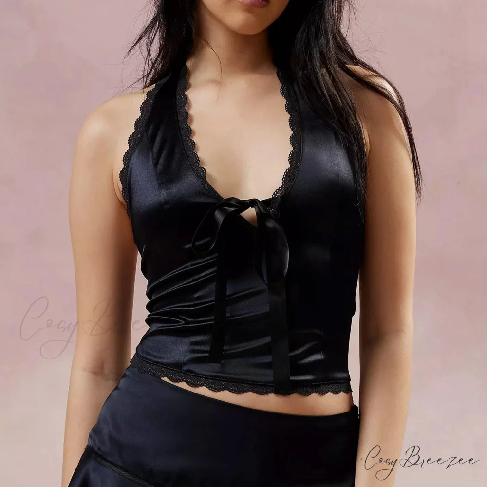 Satin Bowknot V-Neck Crop Top Black / S croptop-250223