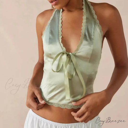 Satin Bowknot V-Neck Crop Top Green / S croptop-250223