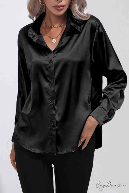 Satin Button Up Blouse with Lapel Black / L