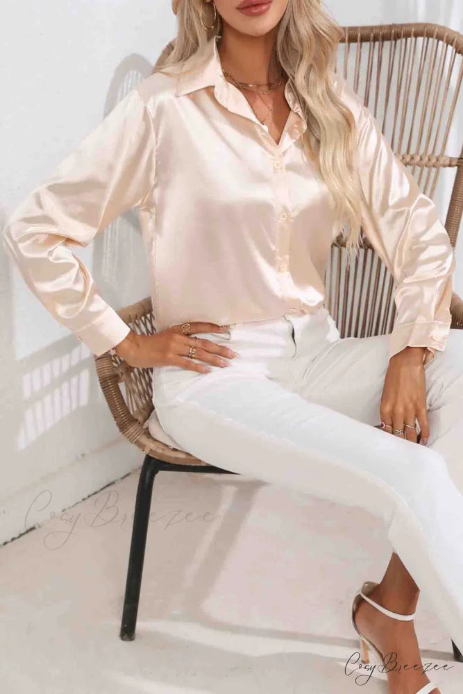 Satin Button Up Blouse with Lapel Champagne / M