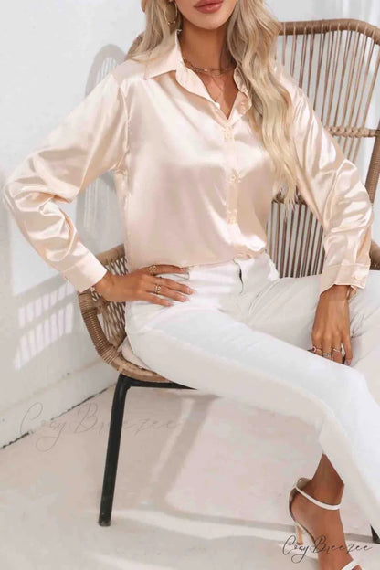 Satin Button Up Blouse with Lapel Champagne / M