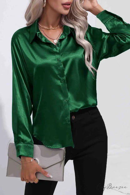 Satin Button Up Blouse with Lapel Dark Green / L