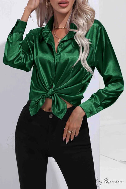 Satin Button Up Blouse with Lapel Dark Green / S