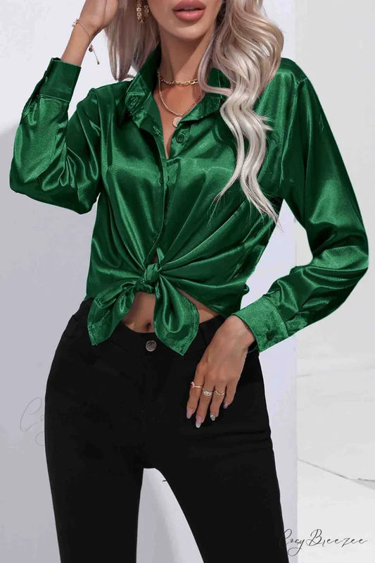 Satin Button Up Blouse with Lapel Dark Green / S
