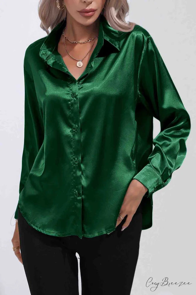 Satin Button Up Blouse with Lapel Dark Green / XL