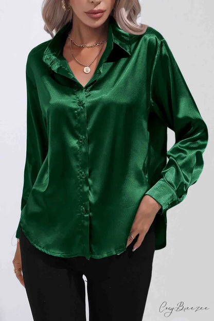 Satin Button Up Blouse with Lapel Dark Green / XL