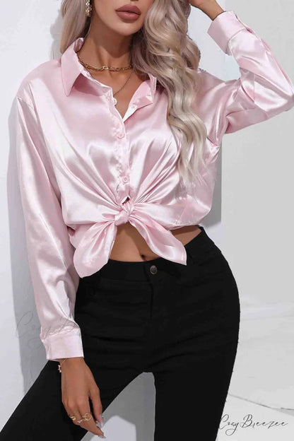 Satin Button Up Blouse with Lapel Pink / S