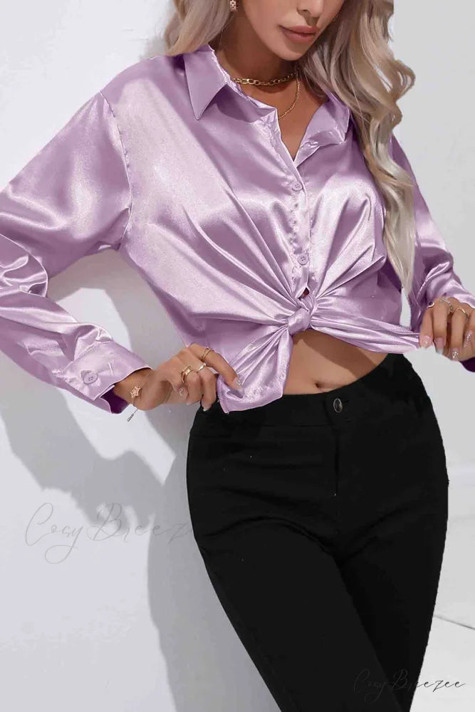 Satin Button Up Blouse with Lapel Purple / S