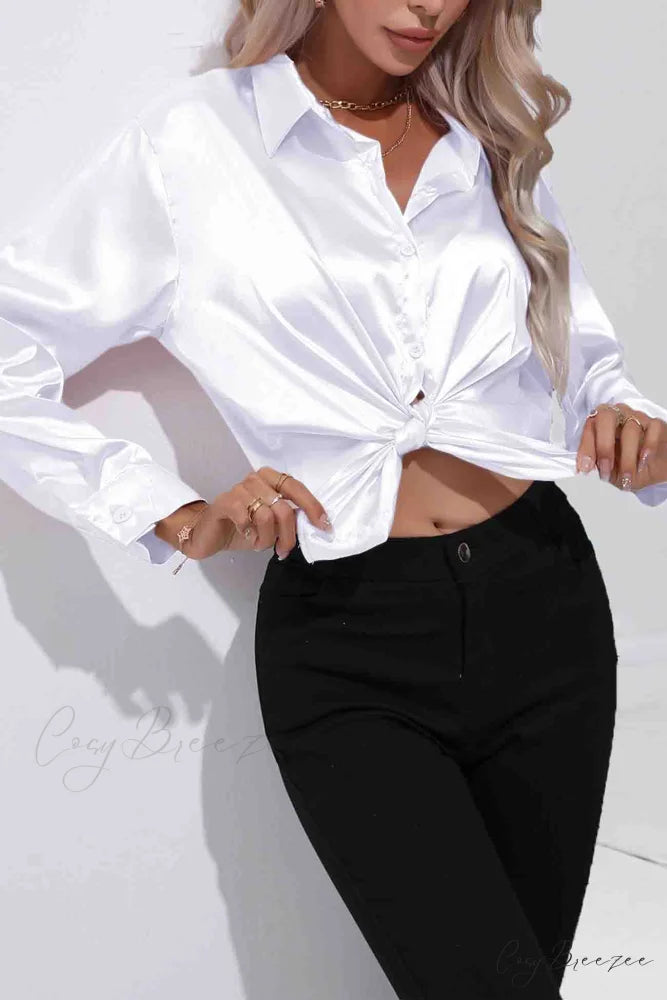 Satin Button Up Blouse with Lapel White / L