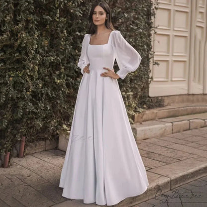 Satin Chiffon Sleeve Backless Wedding Dress white / XS weddingdress-250223