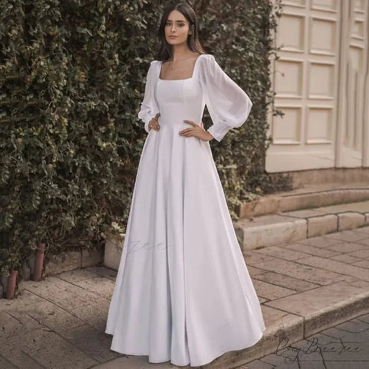 Satin Chiffon Sleeve Backless Wedding Dress white / XS weddingdress-250223