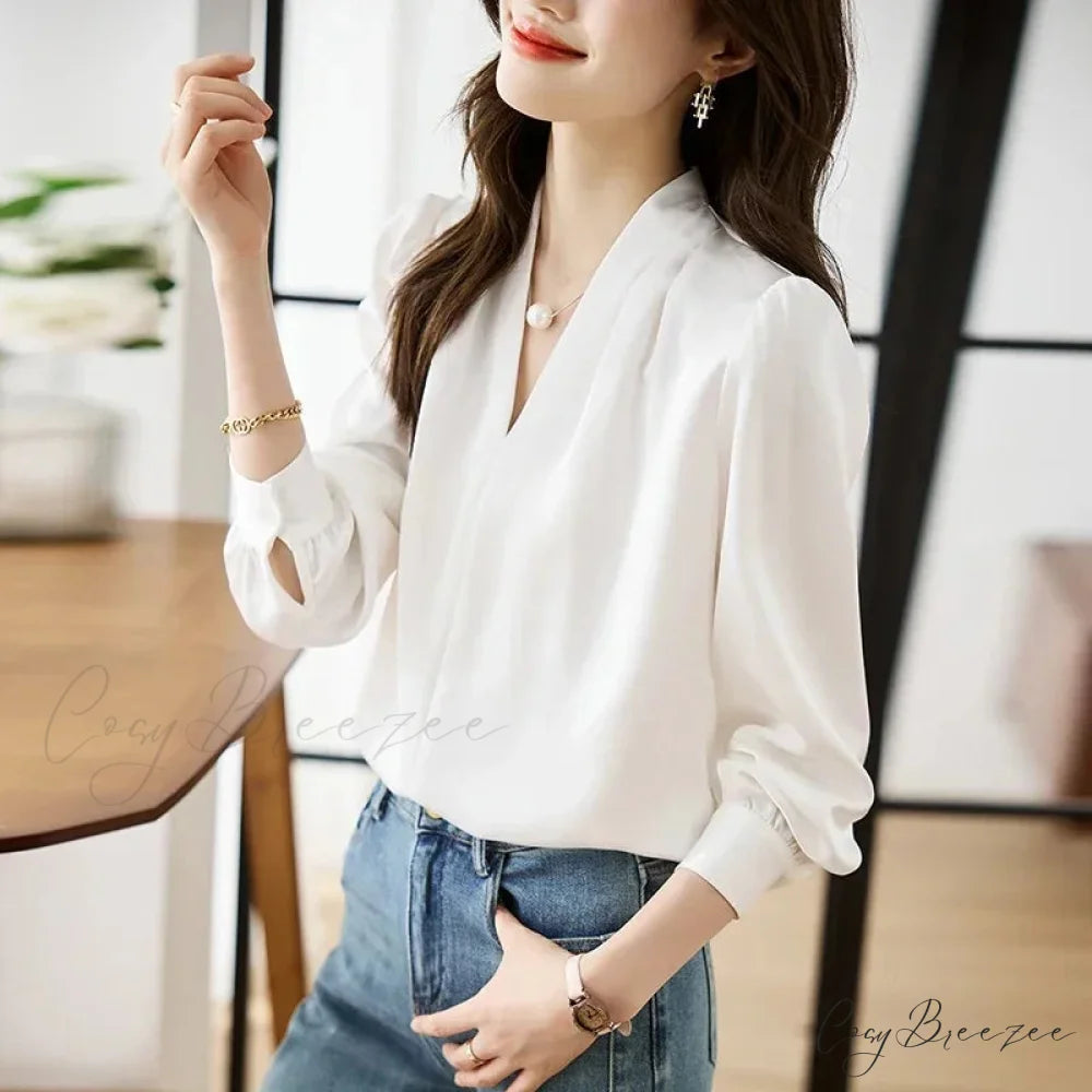 Satin Chiffon V-neck Soft Casual Crop Top for Office blouse-250126