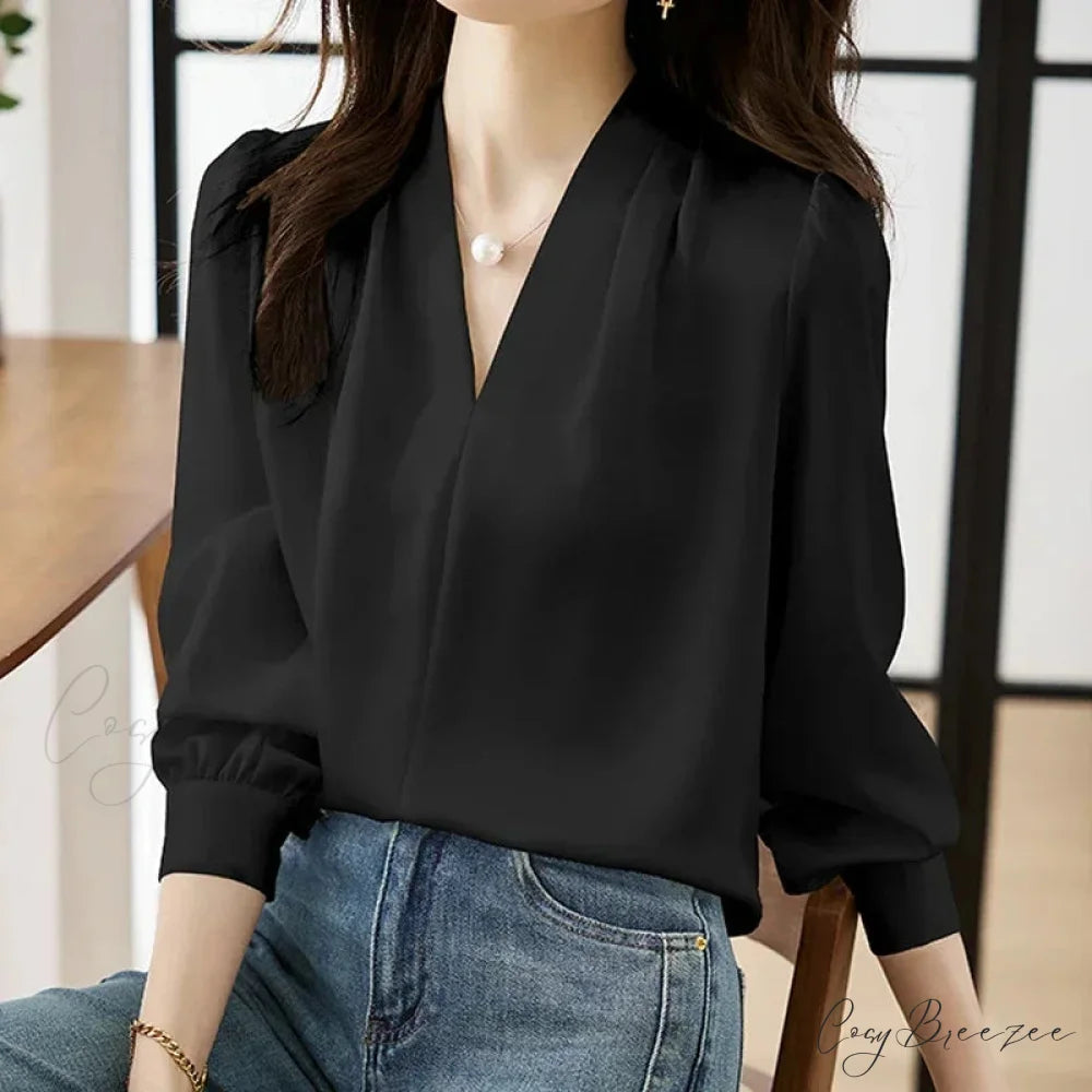 Satin Chiffon V-neck Soft Casual Crop Top for Office blouse-250126