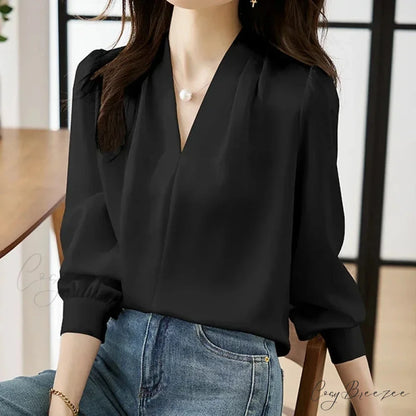 Satin Chiffon V-neck Soft Casual Crop Top for Office blouse-250126