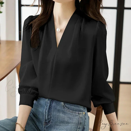 Satin Chiffon V-neck Soft Casual Crop Top for Office blouse-250126