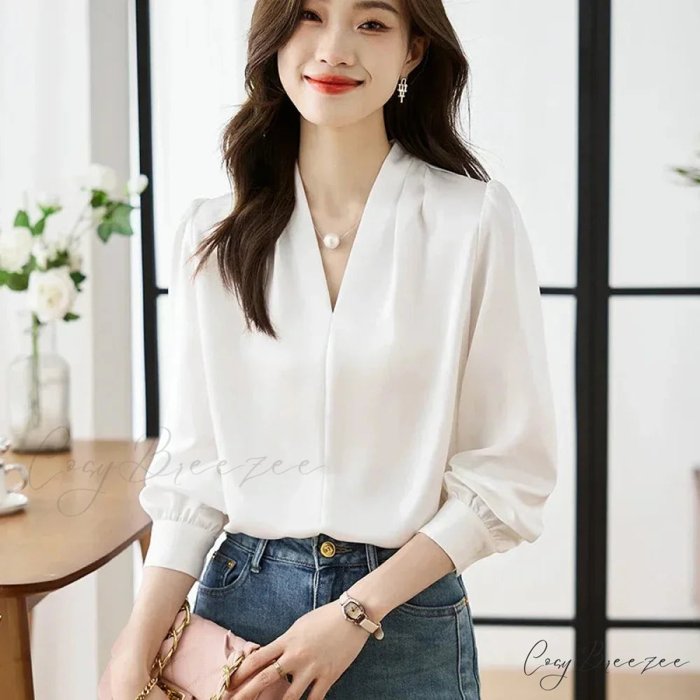 Satin Chiffon V-neck Soft Casual Crop Top for Office blouse-250126