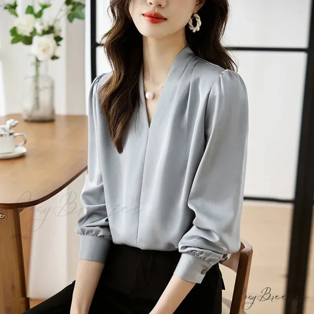 Satin Chiffon V-neck Soft Casual Crop Top for Office blouse-250126