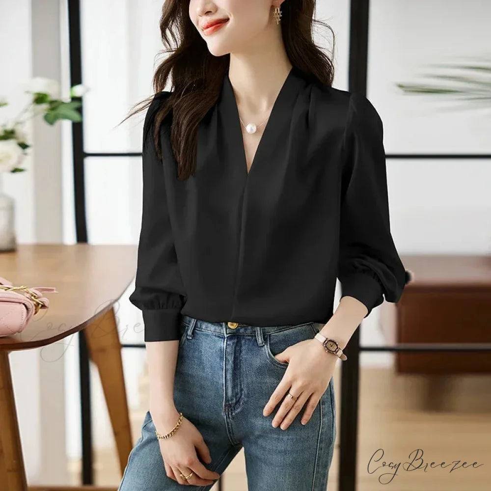 Satin Chiffon V-neck Soft Casual Crop Top for Office blouse-250126