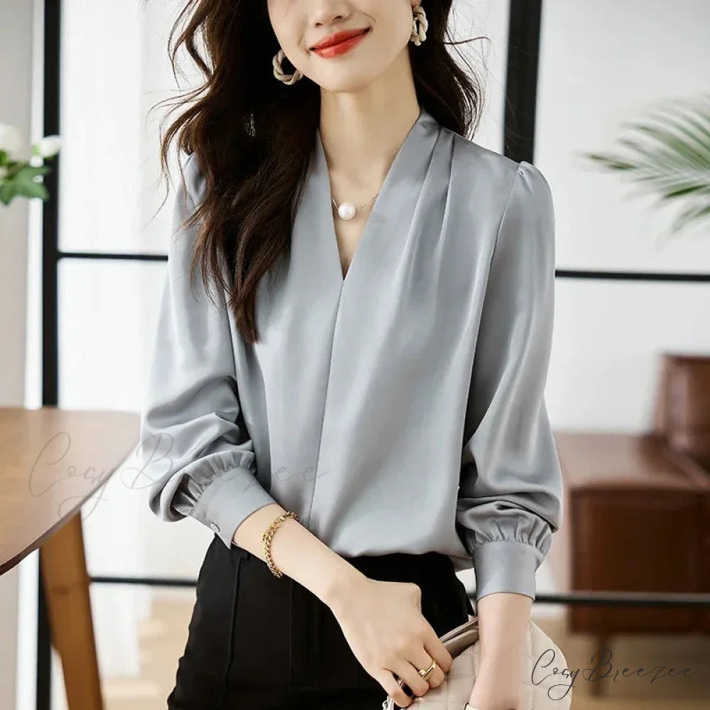 Satin Chiffon V-neck Soft Casual Crop Top for Office blouse-250126