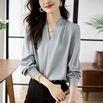 Satin Chiffon V-neck Soft Casual Crop Top for Office blouse-250126
