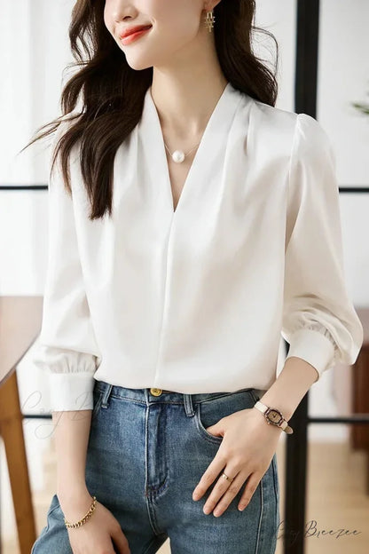 Satin Chiffon V-neck Soft Casual Crop Top for Office White / S blouse-250126