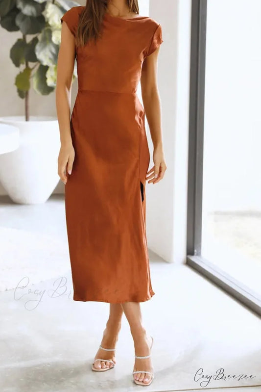 Satin Cowl Neck Dress with Twisted-back Slit Brown / S