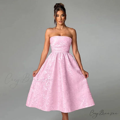 Satin Jacquard Printed Charming Tube Flare Midi Dress