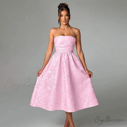 Satin Jacquard Printed Charming Tube Flare Midi Dress