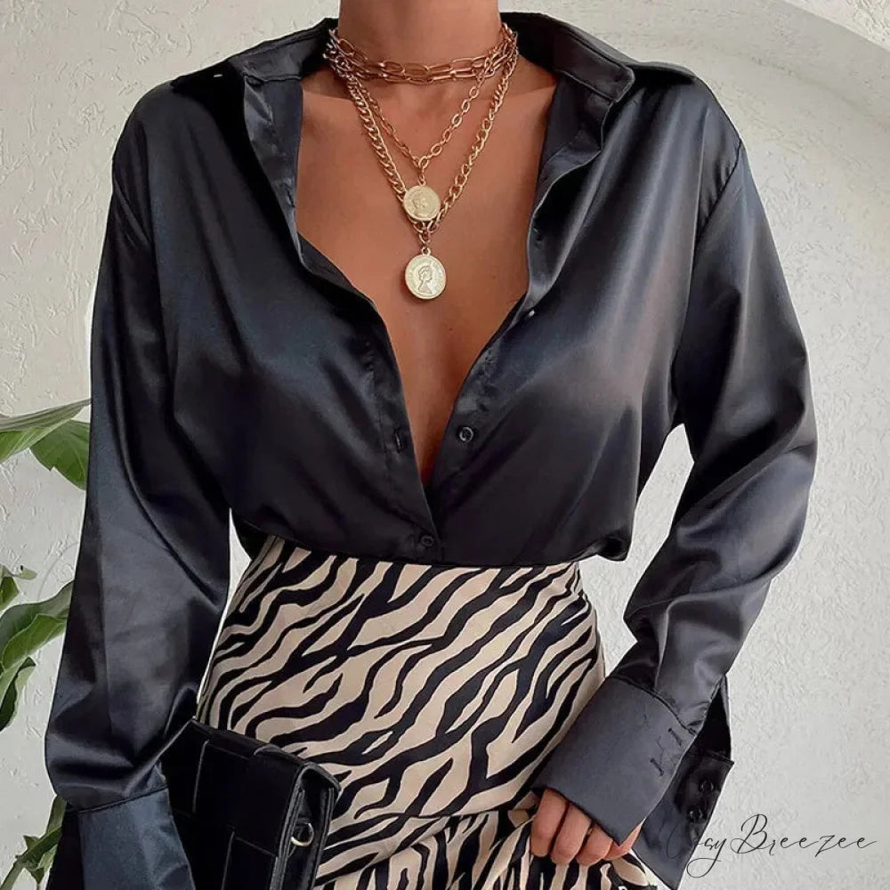 Satin Long Sleeve Classic Blue Blouse blouse-250223