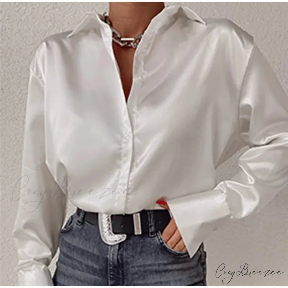 Satin Long Sleeve Classic Blue Blouse blouse-250223
