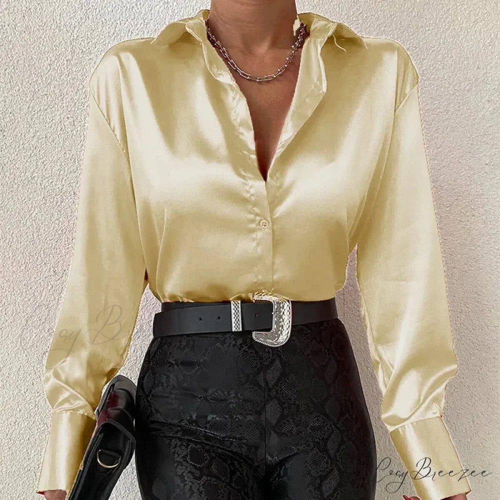 Satin Long Sleeve Classic Blue Blouse blouse-250223