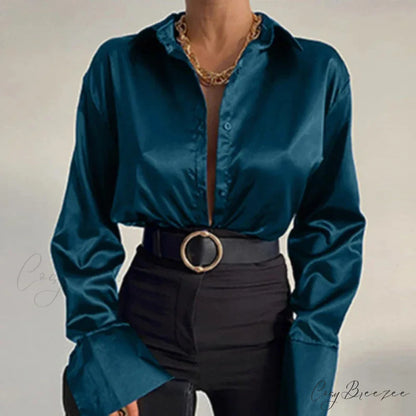 Satin Long Sleeve Classic Blue Blouse Blackish green / S blouse-250223
