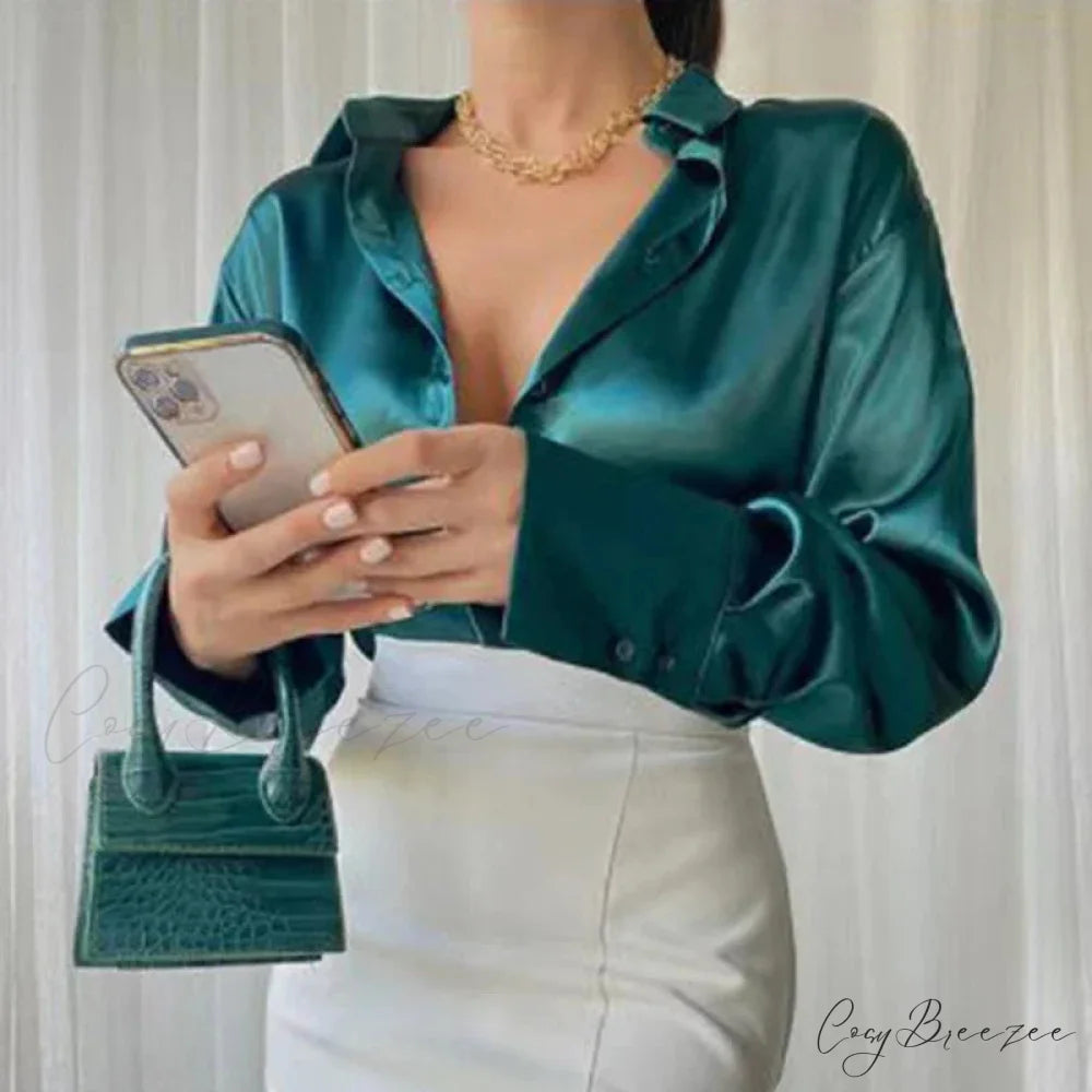 Satin Long Sleeve Classic Blue Blouse Dark green / S blouse-250223