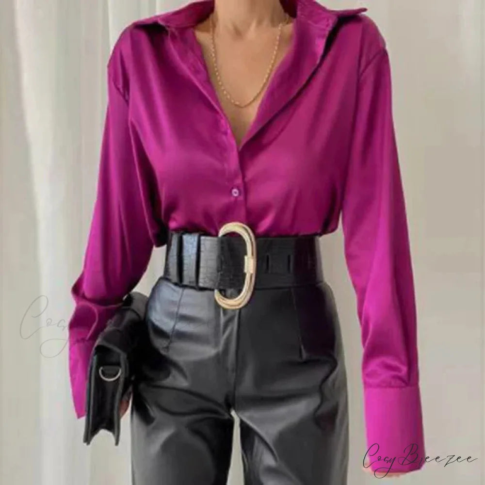 Satin Long Sleeve Classic Blue Blouse Fuchsia / S blouse-250223