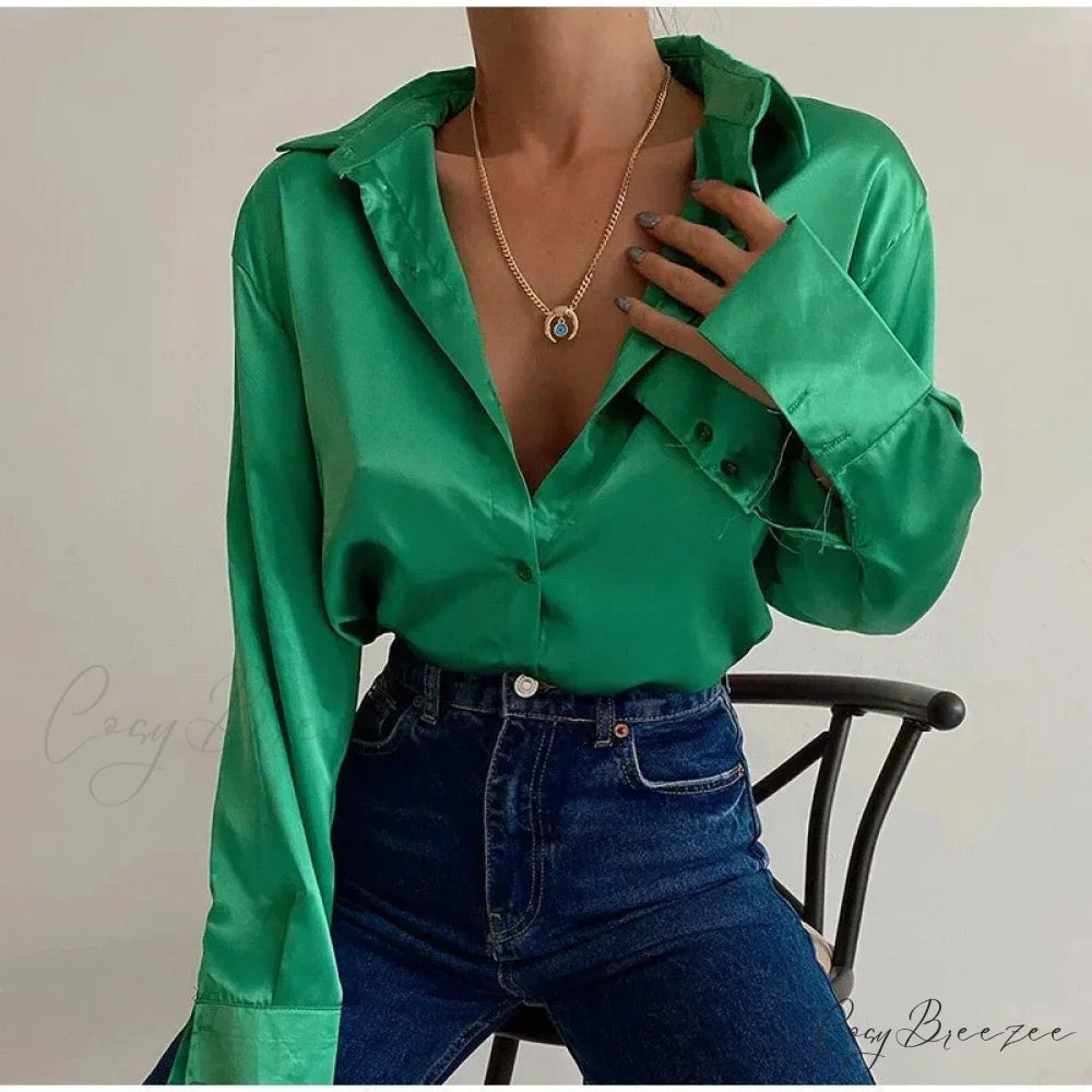 Satin Long Sleeve Classic Blue Blouse Green / S blouse-250223