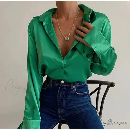Satin Long Sleeve Classic Blue Blouse Green / S blouse-250223