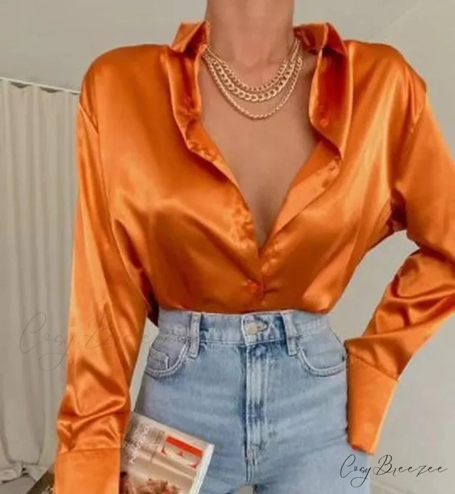 Satin Long Sleeve Classic Blue Blouse Orange / S blouse-250223