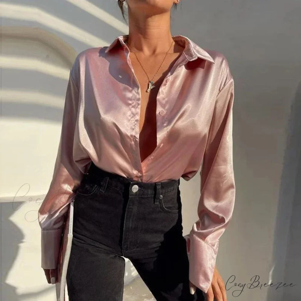 Satin Long Sleeve Classic Blue Blouse Pink / S blouse-250223