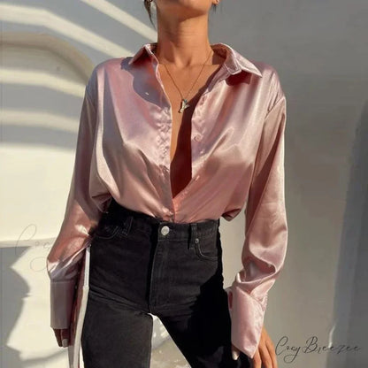 Satin Long Sleeve Classic Blue Blouse Pink / S blouse-250223