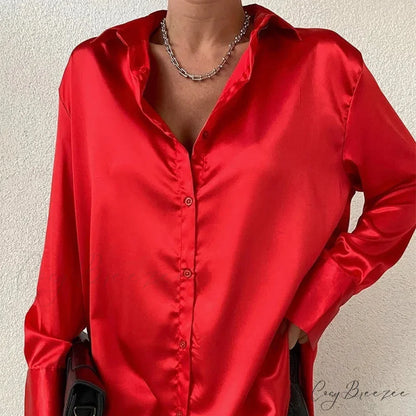 Satin Long Sleeve Classic Blue Blouse Red / S blouse-250223